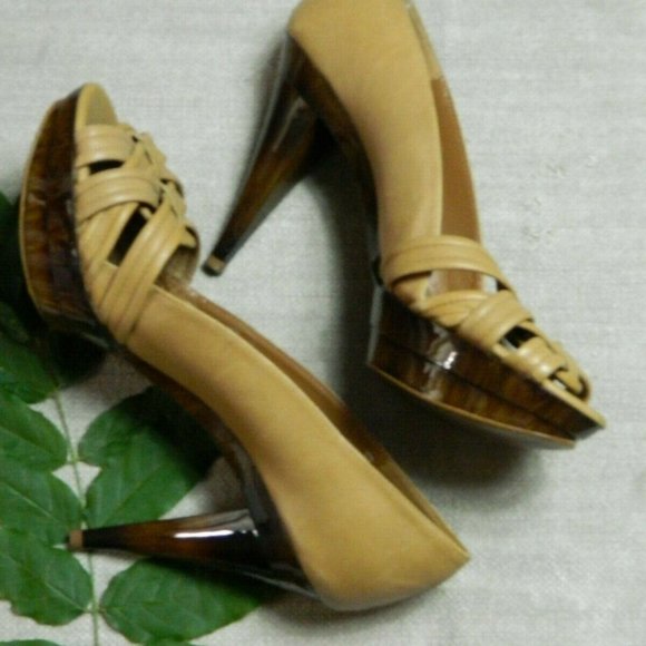 ZARA Heels Beige Tortoiseshell Peep Toe Platform Sexy Shoes Size 10 - Picture 2 of 10